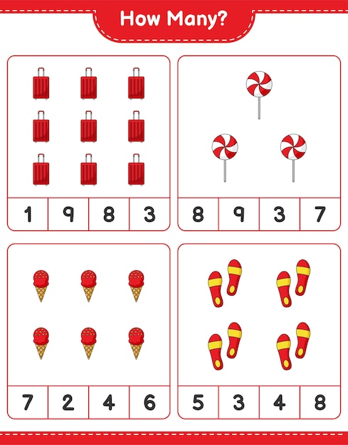 Contando o jogo, quantos flip flop, travel bag, candy e ice cream. jogo  educativo para crianças, planilha para impressão