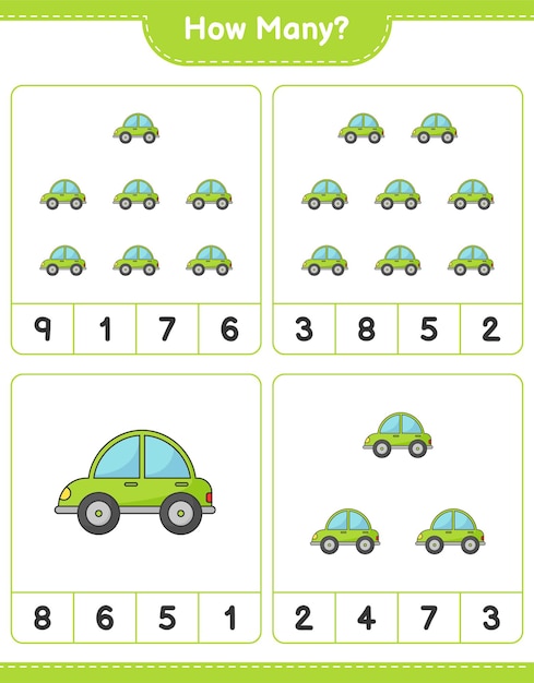 Contando o jogo quantos jogos educativos de carro para crianças ilustração vetorial de planilha imprimível