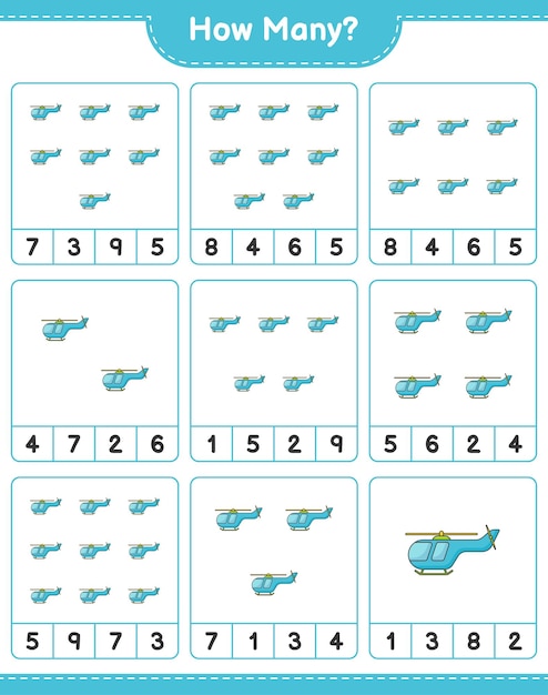 Contando o jogo quantos jogos educativos de helicóptero para crianças ilustração vetorial de planilha imprimível