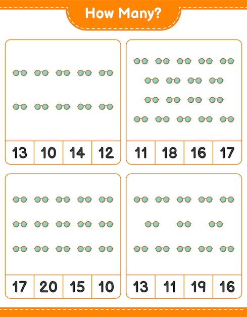 Contando o jogo, quantos óculos de sol. jogo educativo para crianças, planilha para impressão