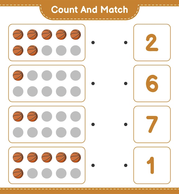 Contar e combinar contar o número de basquete e combinar com os números certos ilustração em vetor de planilha imprimível de jogo educacional para crianças