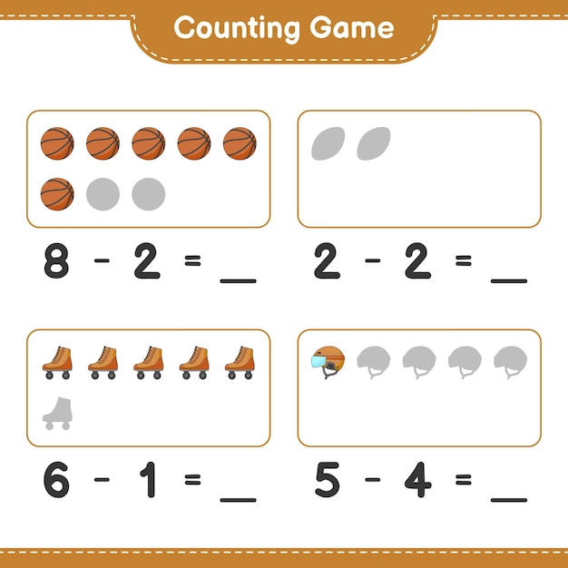 Contar e combinar contar o número de bola de futebol de basquete de patins de capacete de hóquei e combinar com os números certos ilustração em vetor de planilha para impressão de jogo educacional para crianças