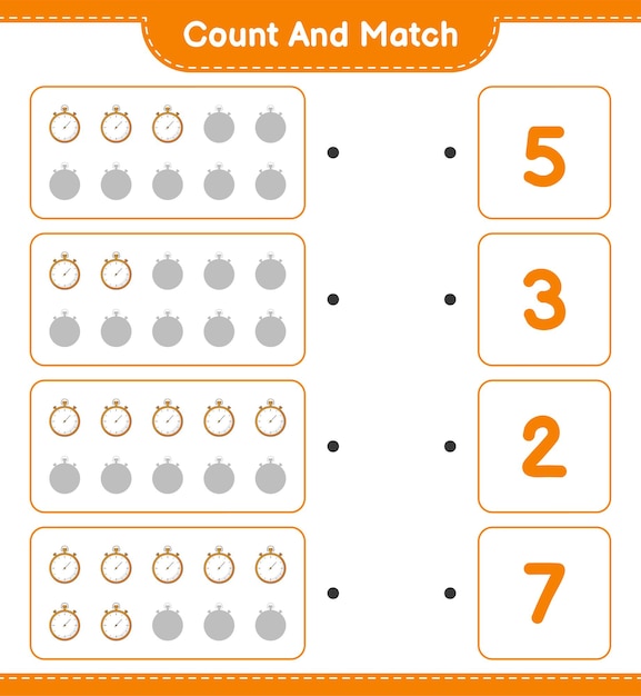 Contar e combinar contar o número de cronômetro e combinar com os números certos ilustração em vetor de planilha imprimível de jogo educacional para crianças