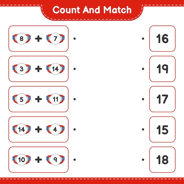 Contar e combinar contar o número de goggle e combinar com os números certos ilustração em vetor de planilha imprimível de jogo educacional para crianças