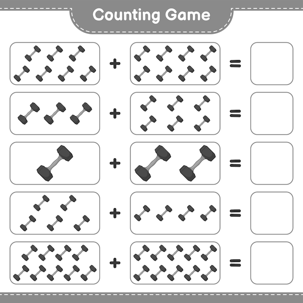 Contar e combinar contar o número de halteres e combinar com os números certos ilustração em vetor de planilha imprimível de jogos educativos para crianças