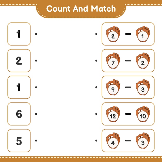 Contar e combinar contar o número de luva de beisebol e combinar com os números certos ilustração em vetor de planilha imprimível de jogo educacional para crianças