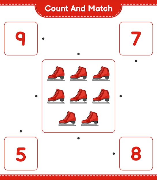 Contar e combinar contar o número de patins de gelo e combinar com os números certos ilustração em vetor de planilha imprimível de jogos educativos para crianças