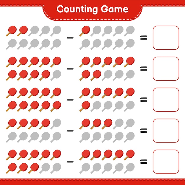 Contar e combinar contar o número de raquete de pingue-pongue e combinar com os números certos ilustração em vetor de planilha imprimível de jogo educacional para crianças