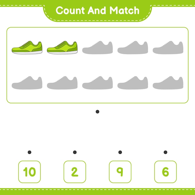 Contar e combinar contar o número de sapatilhas e combinar com os números certos ilustração em vetor de planilha imprimível de jogos educativos para crianças