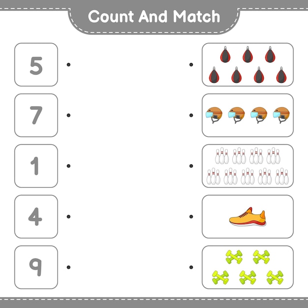 Contar e combinar contar o número de sapatos de capacete, pino de boliche dumbbell saco de pancadas e combinar com os números certos