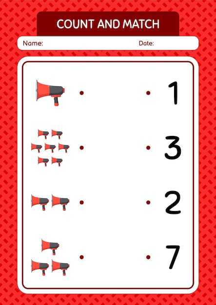 Contar e combinar jogo com planilha de alto-falantes de buzina para folha de atividades de crianças pré-escolares