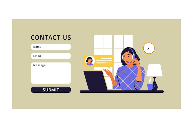 Contate-nos modelo de formulário. agente de atendimento ao cliente feminino com fone de ouvido, falando com o cliente. suporte ao cliente online. ilustração vetorial plano.