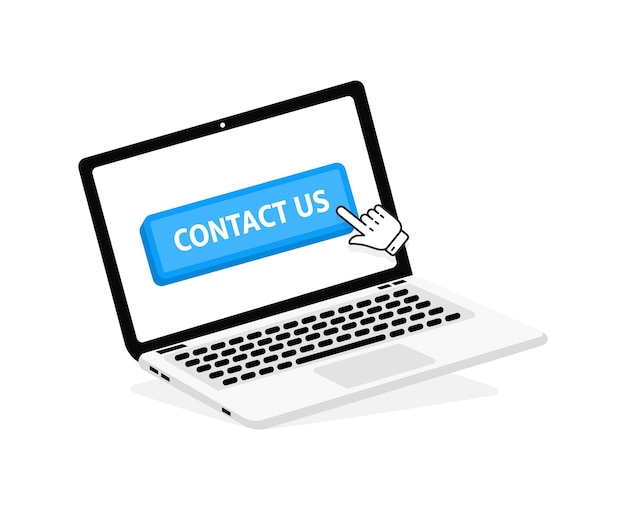Contate-nos texto na tela do laptop com um botão vermelho botão com o ponteiro clicando pressionando o dedo