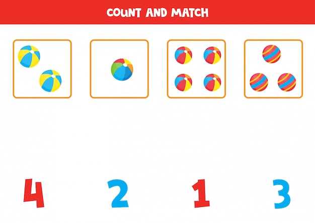 Conte a quantidade de bolas de brinquedo e combine com os números certos. jogo de matemática educacional para crianças. aprendendo a planilha imprimível de números.