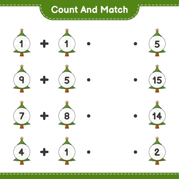 Conte e combine, conte o número de árvore de natal e combine com os números certos. jogo educativo para crianças, planilha para impressão, ilustração vetorial