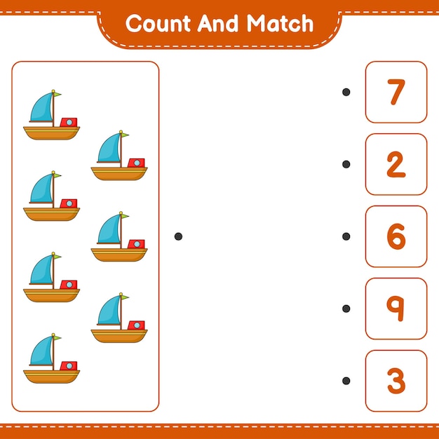 Conte e combine, conte o número de barcos e combine com os números certos. jogo educativo para crianças, planilha para impressão, ilustração vetorial