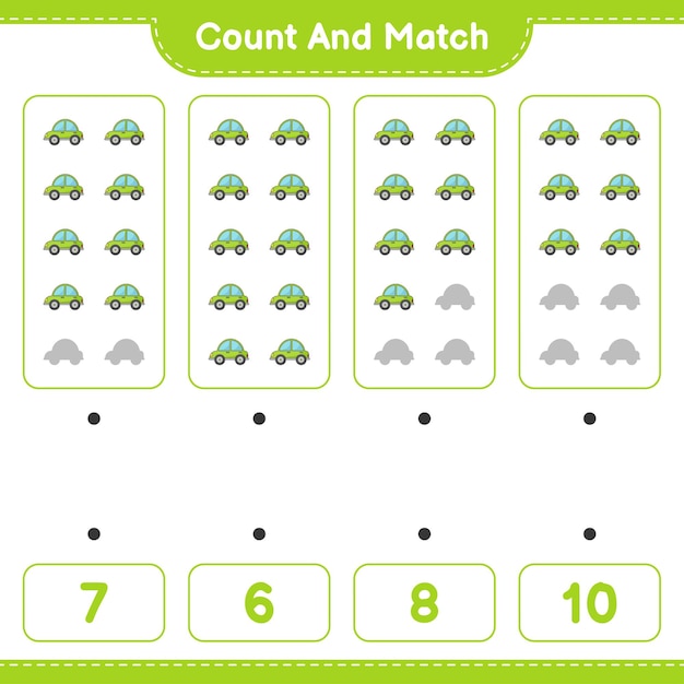 Conte e combine, conte o número de carros e combine com os números certos. jogo educativo para crianças, planilha para impressão