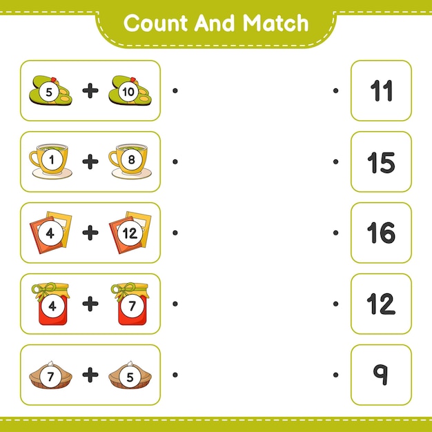 Conte e combine, conte o número de chinelos, xícara de chá, livro, geléia, torta e combine com os números certos. jogo educativo para crianças, planilha para impressão, ilustração vetorial