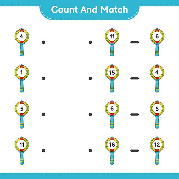 Conte e combine, conte o número de chocalho de bebê e combine com os números certos. jogo educativo para crianças, planilha para impressão