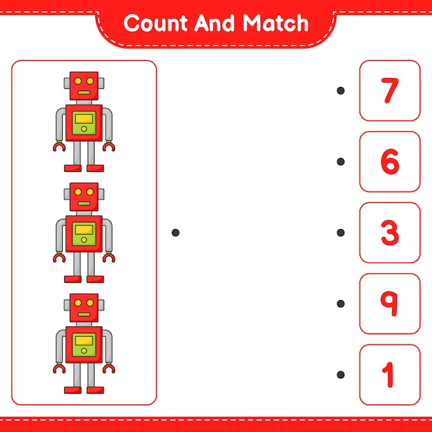 Conte e combine, conte o número de personagens do robô e combine com os números certos. jogo educativo para crianças, planilha para impressão, ilustração vetorial