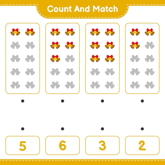 Conte e combine, conte o número de sino de natal e combine com os números certos. jogo educativo para crianças, planilha para impressão, ilustração vetorial