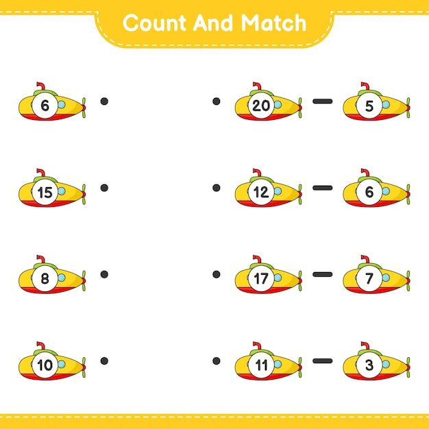 Conte e combine, conte o número de submarinos e combine com os números certos. jogo educativo para crianças, planilha para impressão