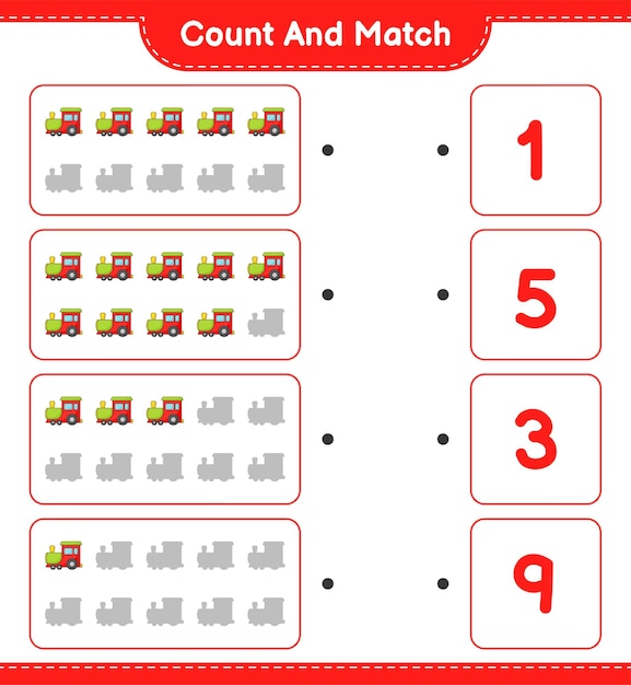 Conte e combine, conte o número de trens e combine com os números certos.