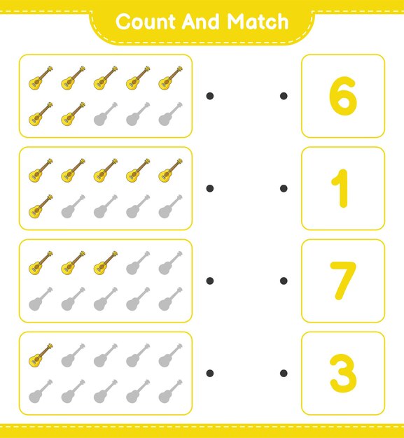 Conte e combine, conte o número de ukulele e combine com os números certos. jogo educativo para crianças, planilha para impressão, ilustração vetorial