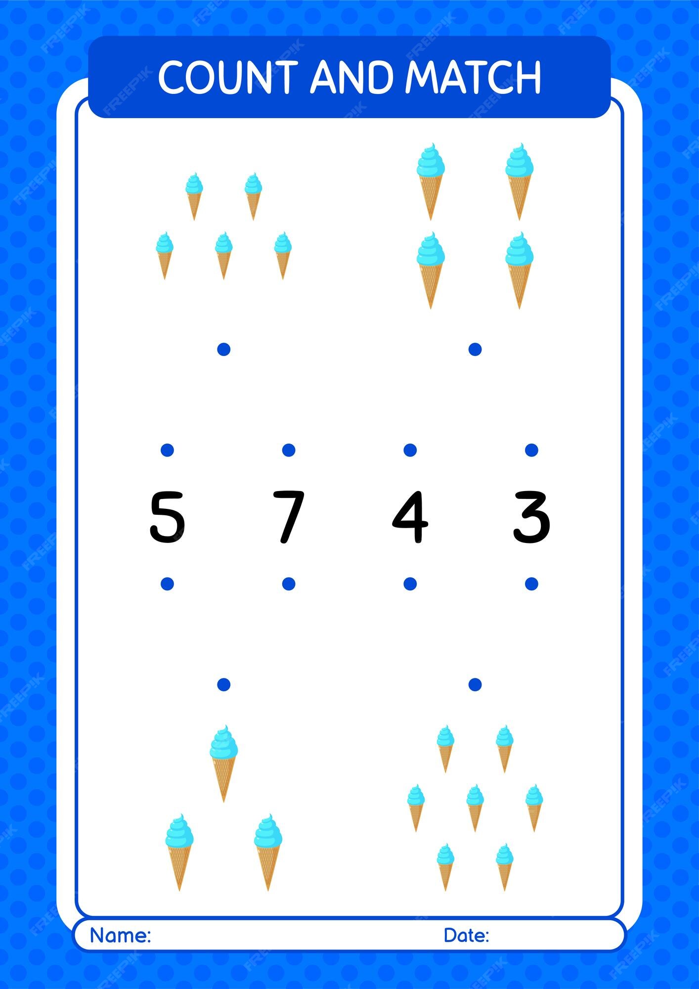 Jogo De Correspondência Com Cones De Sorvete E Colheres. Atividade  Matemática De Comida De Verão Para Crianças Pré-escolares. Férias De Praia  Contando Planilha. Educacional Imprimível Com Elementos Engraçados Bonitos  Para Crianças Royalty