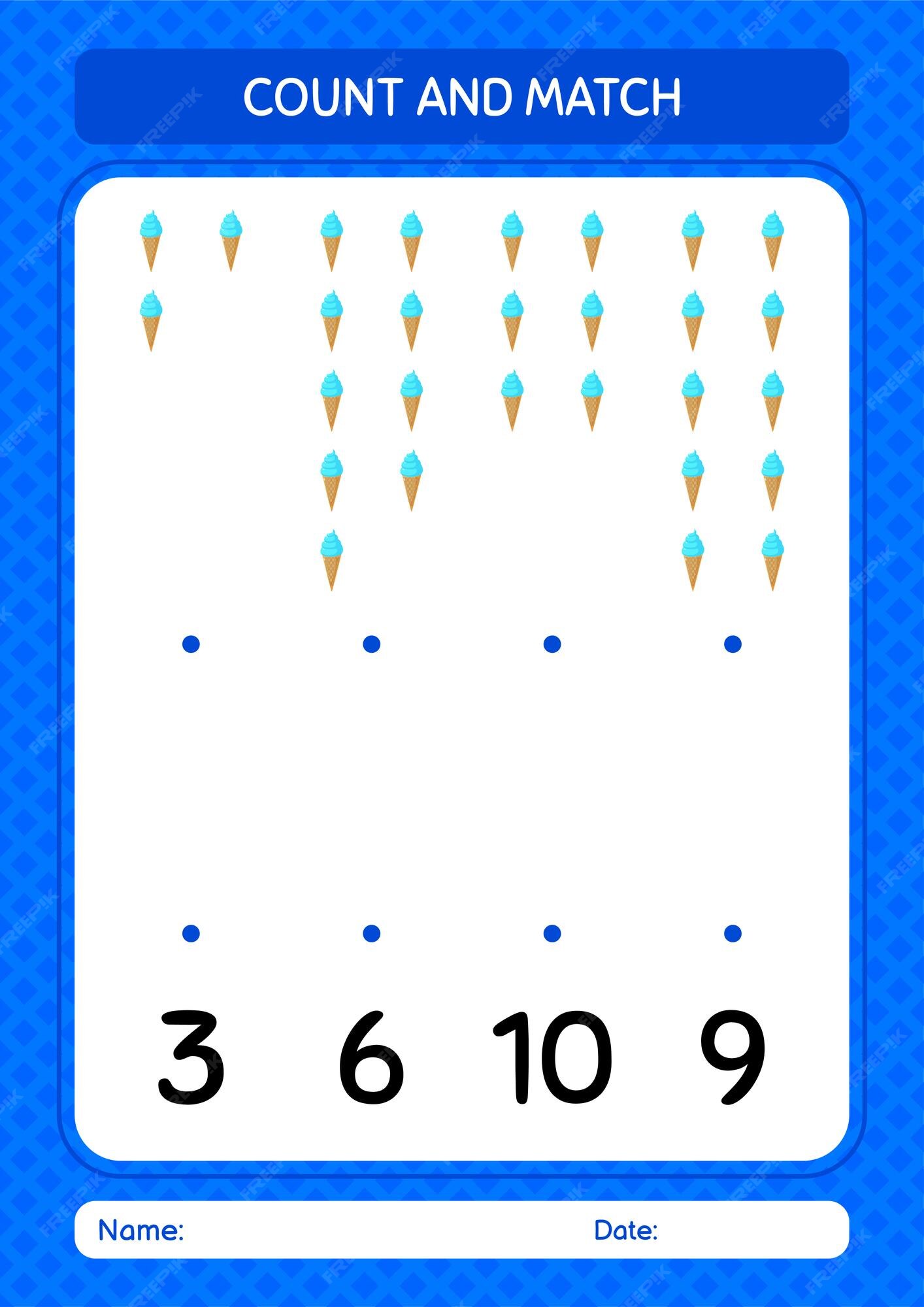 Jogo De Correspondência Com Cones De Sorvete E Colheres. Atividade  Matemática De Comida De Verão Para Crianças Pré-escolares. Férias De Praia  Contando Planilha. Educacional Imprimível Com Elementos Engraçados Bonitos  Para Crianças Royalty