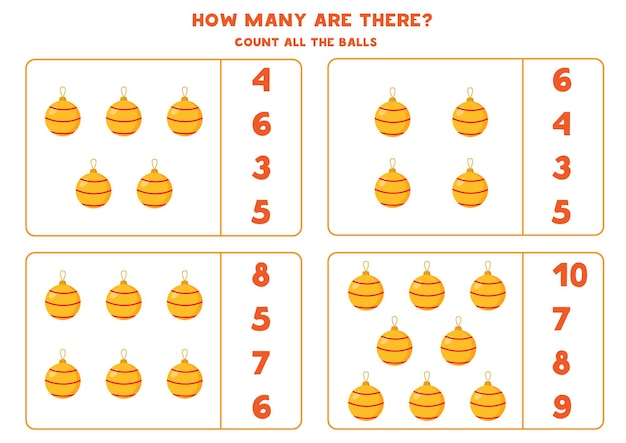 Conte todas as bolas de natal e circule a resposta correta. jogo educativo de matemática para crianças.