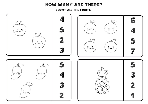 Conte todas as frutas pretas e brancas e circule as respostas corretas. jogo de matemática para crianças.