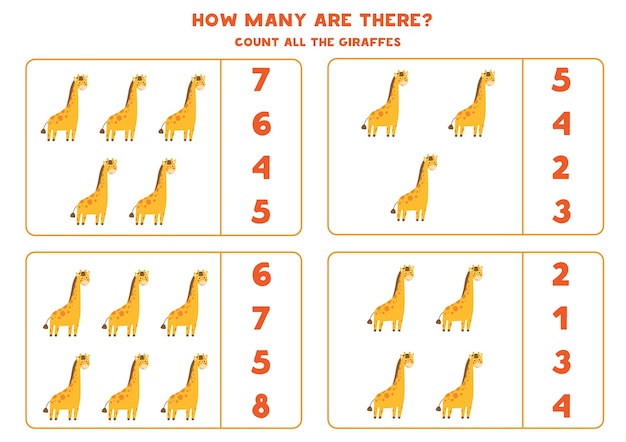 Conte todas as girafas e circule a resposta certa. jogo de matemática para crianças em idade pré-escolar