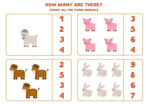 Conte todos os animais da fazenda e circule as respostas corretas. jogo de matemática para crianças.