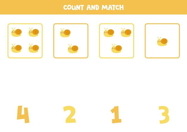 Conte todos os caracóis bonitos e combine com os números certos. jogo de matemática para crianças.