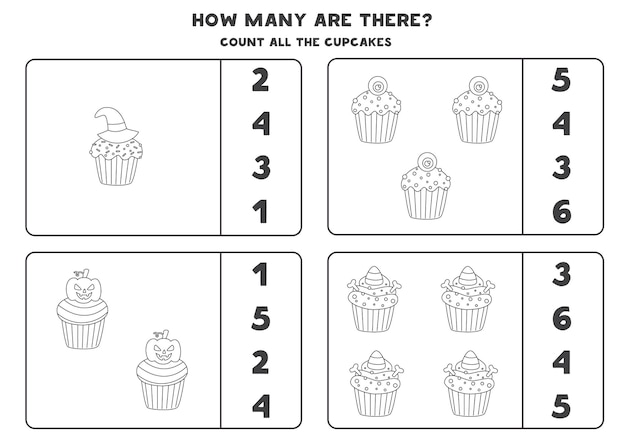 Conte todos os cupcakes de halloween em preto e branco e circule as respostas corretas. jogo de matemática para crianças.