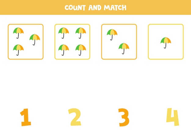 Conte todos os guarda-chuvas e combine com os números certos. jogo de matemática para crianças.