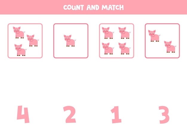 Conte todos os porcos e combine com os números corretos. jogo de matemática para crianças.