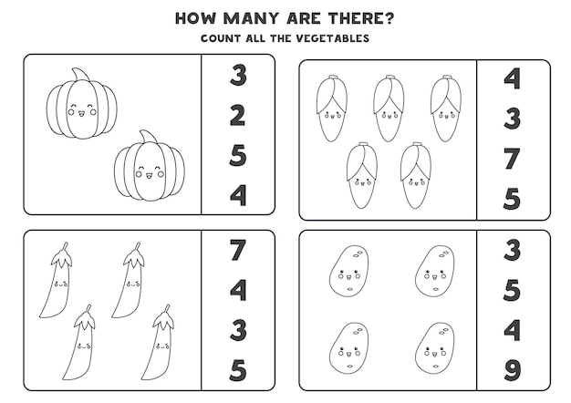 Conte todos os vegetais pretos e brancos e circule as respostas corretas. jogo de matemática para crianças.