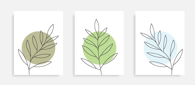 Contínuo desenho de linha deixa cartazes. coleção de plantas de uma linha. conjunto de cartazes de conceito de natureza. arte da parede botânica. design de minimalismo de cartaz. folhas de linha. gráfico de vetor. eps 10