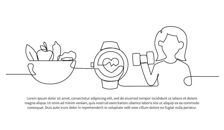 Vetor continuous line design of healthy food during exercise time