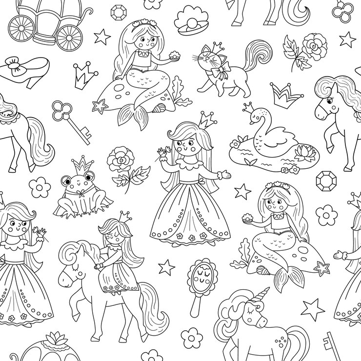 Vetor conto de fadas preto e branco princesa padrão sem costura repita o fundo da linha com fantasia menina carruagem sereia unicórnio sapo príncipe cisne contorno mágico conto de fadas empregada digital paperxa