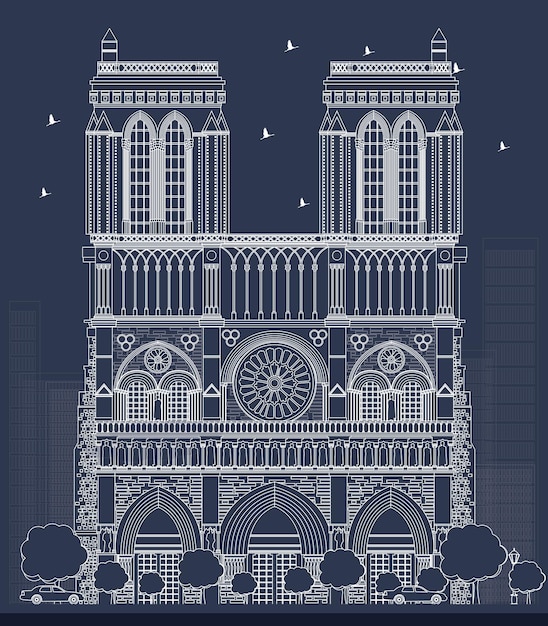 Vetor contorne a catedral de notre dame em paris. ilustração vetorial.