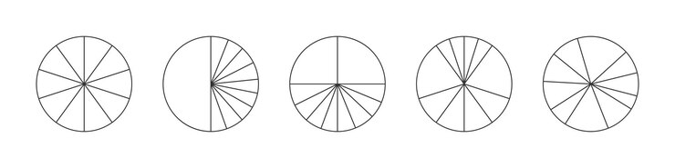 Vetor contorne círculos divididos em 10 segmentos. formas redondas de torta ou pizza cortadas em dez fatias diferentes