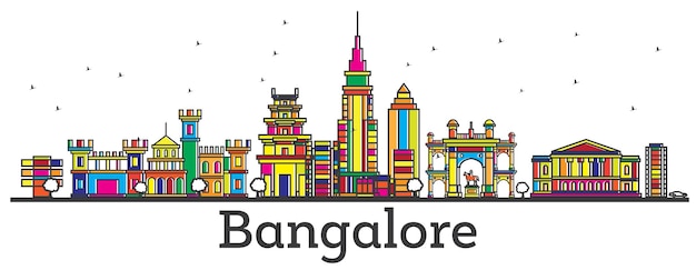 Contorne o horizonte da cidade de bangalore índia com edifícios coloridos isolados no branco