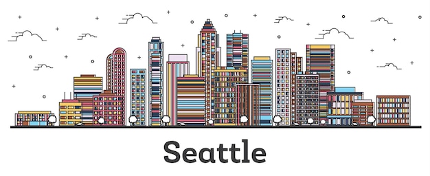 Contorne o horizonte da cidade de seattle washington com edifícios de cor isolados no branco. ilustração vetorial. seattle eua cityscape com pontos de referência.