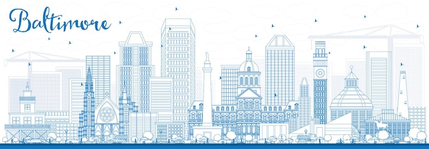 Contorne o horizonte de baltimore com edifícios azuis. ilustração vetorial. viagem de negócios e conceito de turismo com arquitetura moderna. imagem para cartaz de banner de apresentação e site.