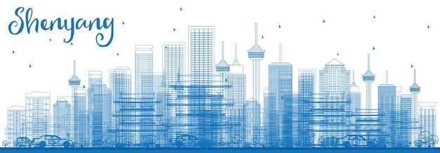 Contorne o horizonte de Shenyang com edifícios azuis. Ilustração vetorial. Viagem de negócios e conceito de turismo com edifícios modernos. Imagem para cartaz de banner de apresentação e site.