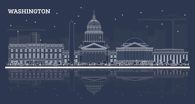 Contorne o horizonte de Washington Dc com edifícios brancos e reflexos. Ilustração vetorial. Viagem de negócios e conceito de turismo com edifícios históricos. Washington DC Cityscape com pontos turísticos.
