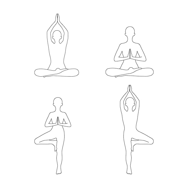 Contorne o ícone humano em poses de ioga com as mãos namaste. equilíbrio de ícones vetoriais para web e design.